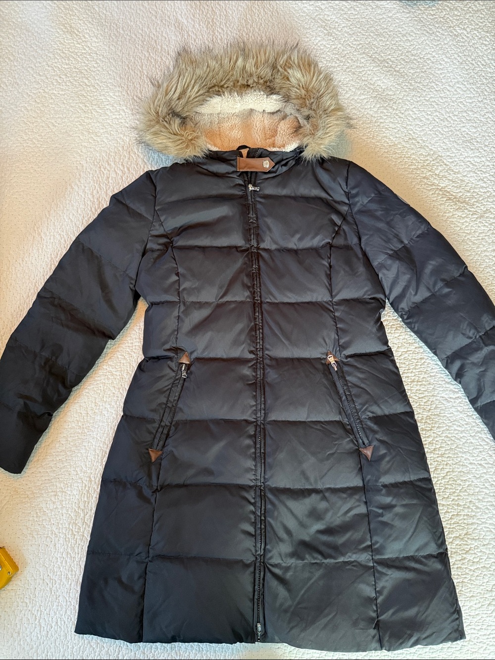 Lauren Ralph Lauren Black Quilted Long Puffer Coat with Faux Fur Hood
